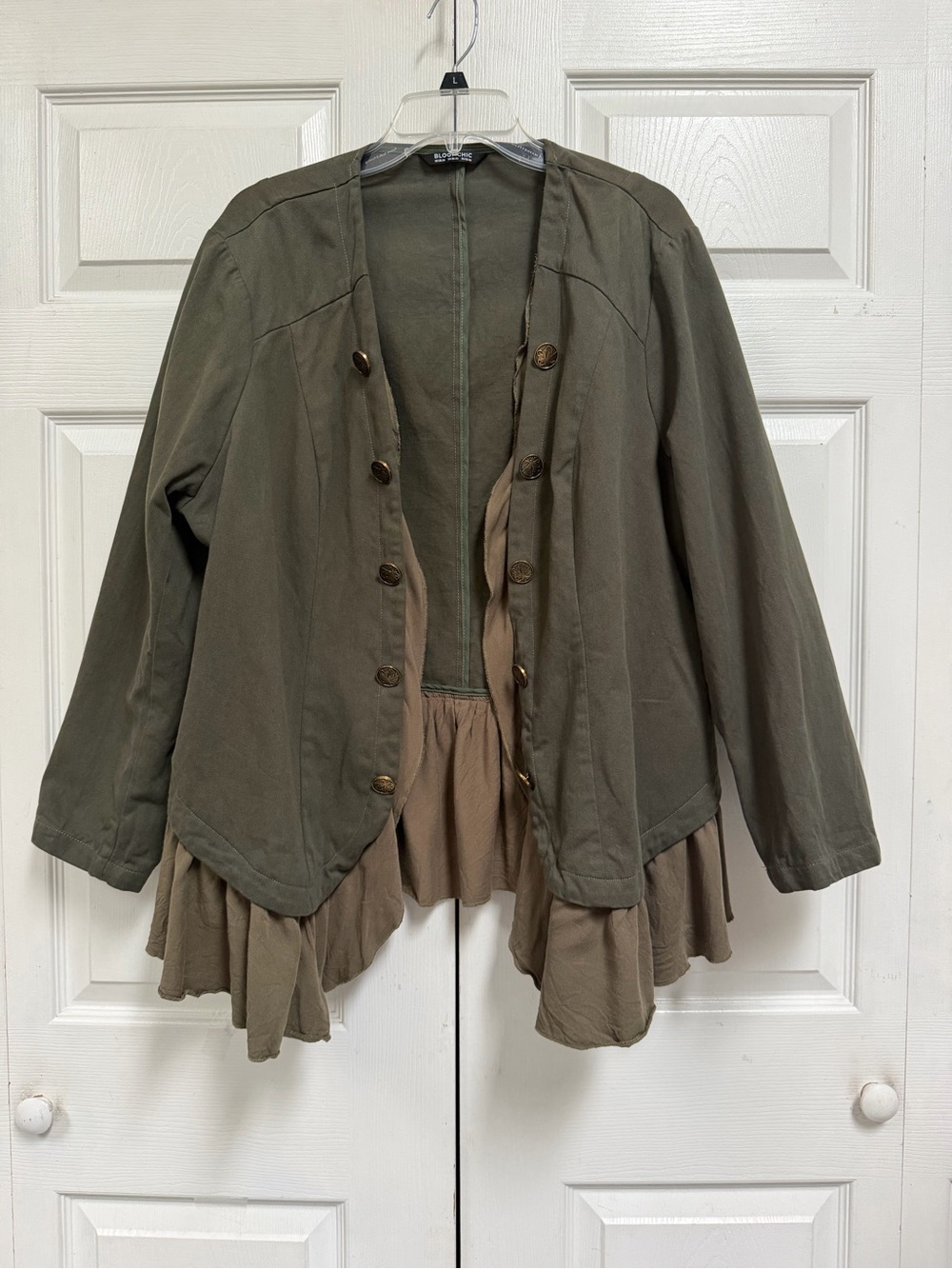Military Style Olive Green Layered Ruffle Open Front Jacket Women’s Size 22-24